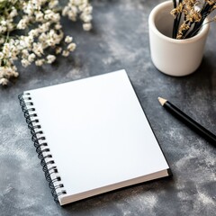 Blank notebook on a gray surface with flowers and a pen for creative note taking and journaling. Generative AI