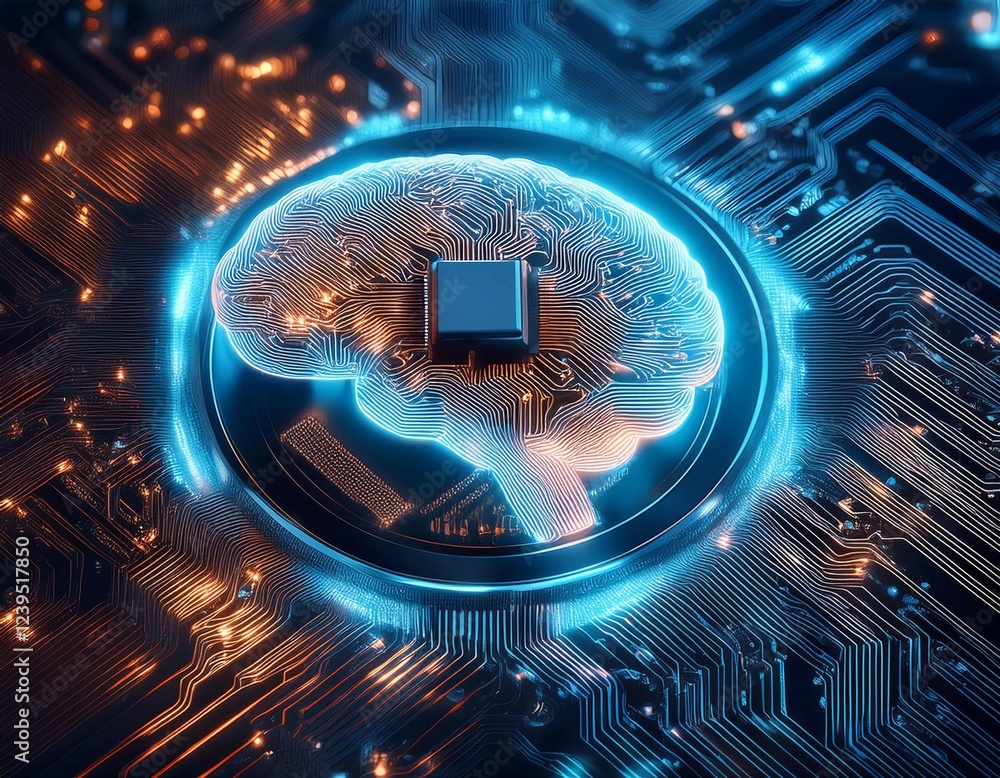 Poster intricate circuit board with illuminated brain symbol representing artificial intelligence technolog