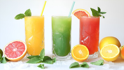 Fototapeta premium Isolated drinks. Glasses of fresh citrus juices (orange, grapefruit, lemon, lime) and cut fruits isolated on white background