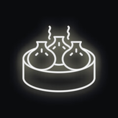 Neon icon of three hot chinese dumplings in a steaming basket glowing white against a black background