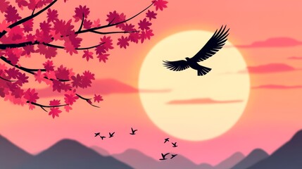 Silhouette of a bird soaring across a vibrant sunset, framed by a branch of pink leaves. Serene and peaceful.