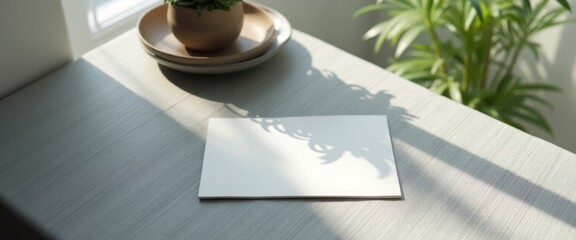 A serene scene featuring a blank canvas resting on a textured surface, illuminated by soft sunlight streaming through a window. The gentle shadows created by a nearby plant add depth and tranquility