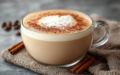 Obraz premium Latte art coffee cup, cinnamon, beans. Drinks menu image