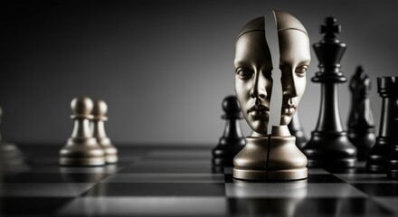 Abstract chess pieces with a split face, symbolizing strategy and intellect