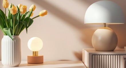 Elegant interior with a vase of tulips and stylish lamps on a table