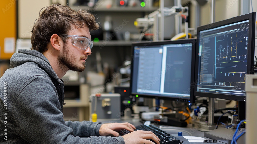Aufkleber Focused scientist in a state-of-the-art lab, wearing safety goggles, analyzes data on multiple computer screens, immersed in research and discovery during daytime