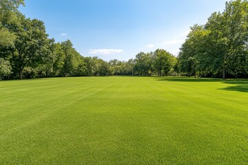 Vast green field with lush grass and blue sky in tranquil park setting