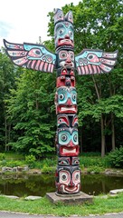 Colorful animal totem pole by pond in lush forest