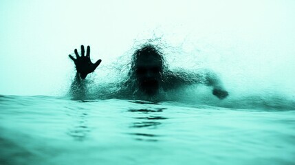 A man's struggle for survival as he fights the powerful ocean waves, his hand reaching out for help amidst the teal-colored water.