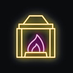 Neon sign icon of a fireplace burning with purple and yellow flames