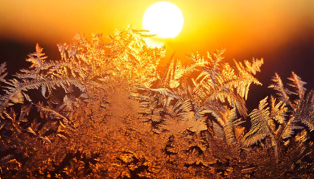 Stunning close-up of frost patterns on a windowpane, backlit by a vibrant sunset.