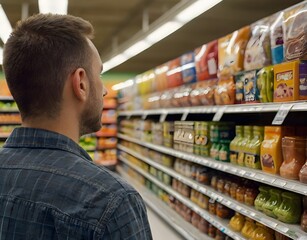 a man inside a supermarket looks at all the products in an aisle