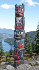 Vibrant totem pole with bear salmon and raven carvings on hill by serene river