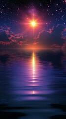 nighttime seascape, bathed in glow of a brilliant star and a celestial sunset. the reflection of the star and sun shimmer on the tranquil waters. hd phone wallpaper