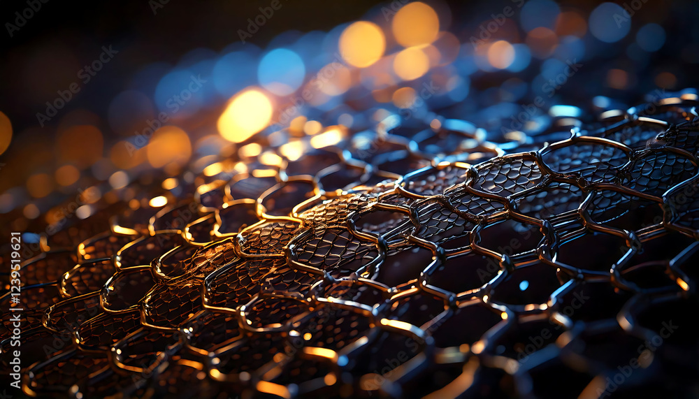 Poster dramatic close-up of metallic mesh with bokeh lights. rich textures and warm/cool color contrast mak