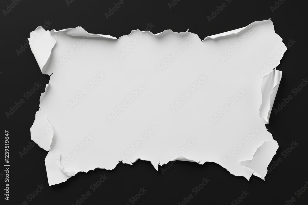 Poster torn white paper with ripped edges on black background creating jagged frame
