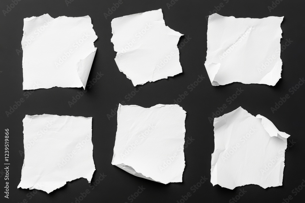 Poster six torn paper sheets on black background displaying unique edges