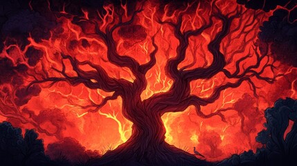 Fiery Tree of Life: A surreal digital painting of a large tree engulfed in flames, radiating warmth and mystery.