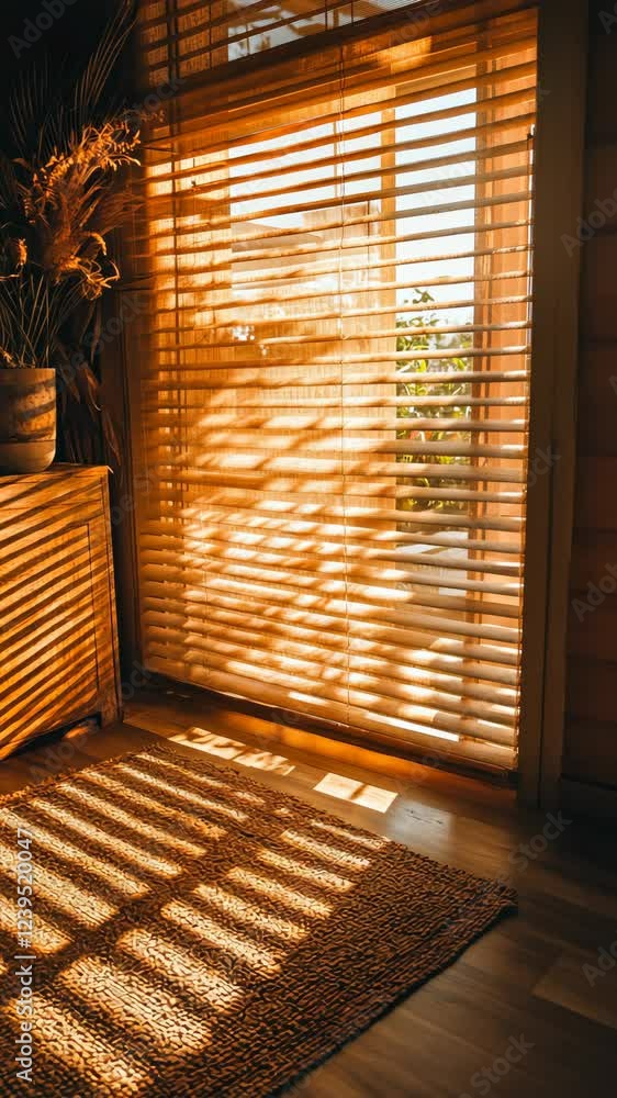 Poster sunlight filters through blinds creating warm patterns on the floor in a cozy interior space during 