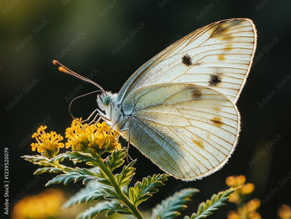 Poster small butterfly is perched on fern its wings partially open and showcasing intricate patterns. dappl