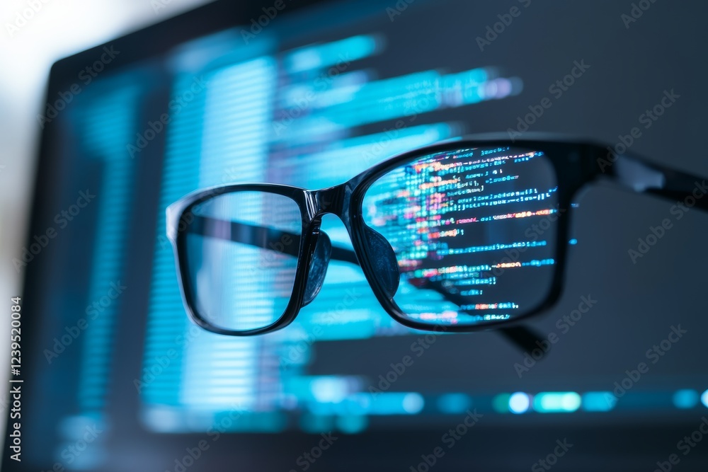 Poster computer code reflection in glasses with blue screen background