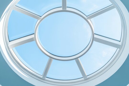 Modern circular skylight with blue sky view through geometric design