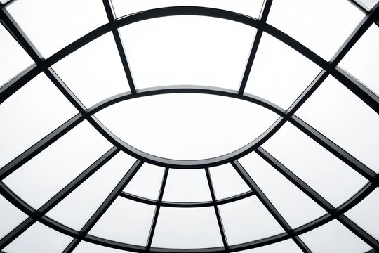 Modern architectural glass ceiling with geometric patterns and curved metal frames