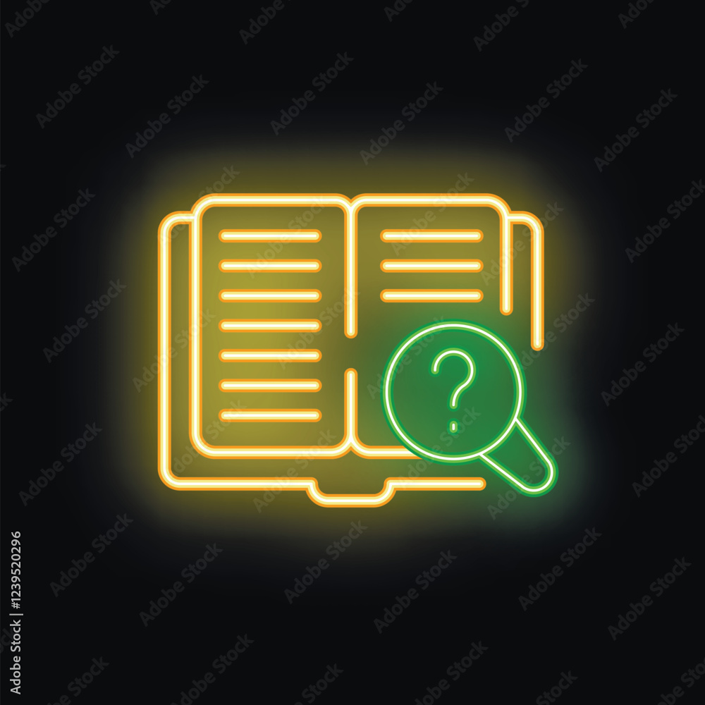 Poster neon icon of a magnifying glass hovering over an open book, representing the act of researching and 