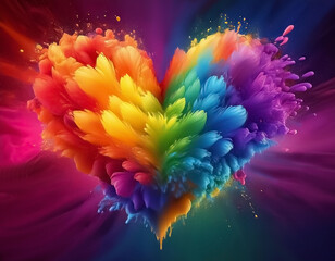 Exploding vibrant rainbow-colored love heart, symbolizing the LGBTQIA+ community love and acceptance.