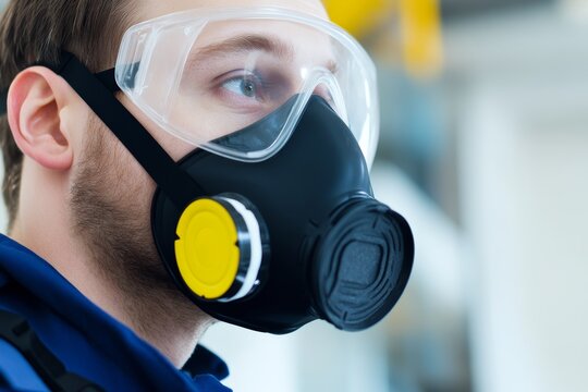Caucasian male adult wearing protective gas mask and goggles in industrial setting