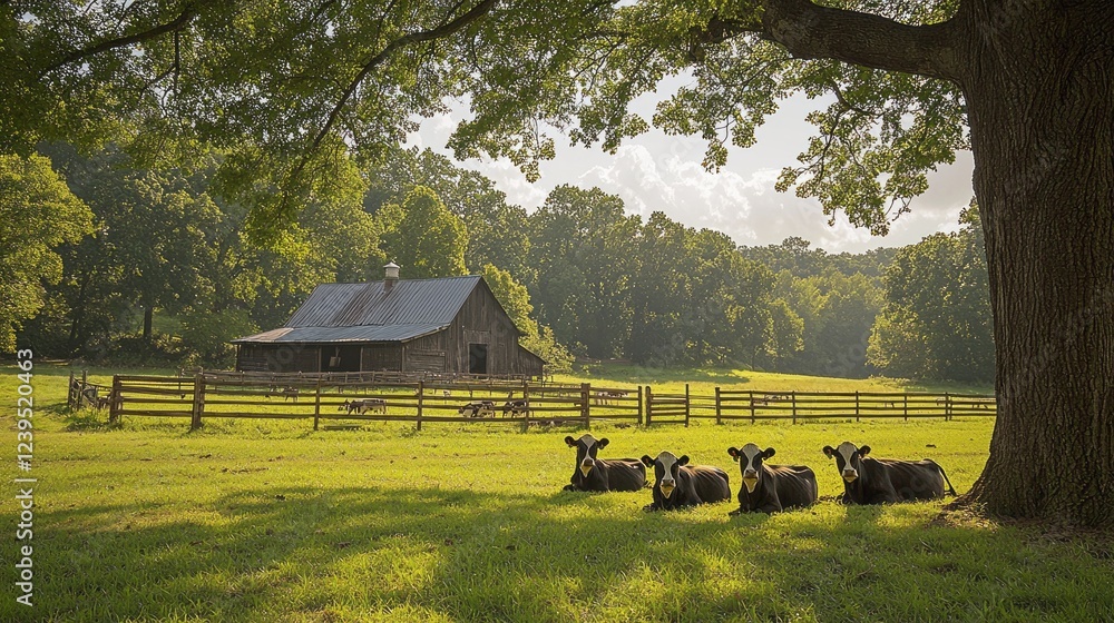 Poster A small herd of cows enjoys a peaceful afternoon in the cool shade, resting near a rustic barn surrounded by lush green fields, bathed in soft sunlight filtering through the trees