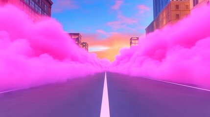Fototapeta premium Surreal pink clouds engulf a city street at sunset, creating a dreamy and vibrant atmosphere.