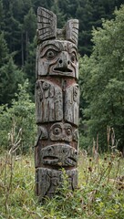 Ancient totem pole with hawks and salmon carvings in overgrown meadow