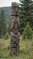 Ancient totem pole with hawks and salmon carvings in overgrown meadow