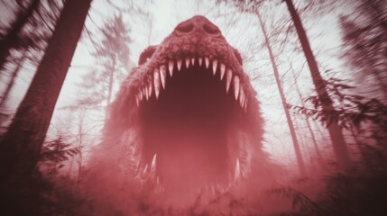 A terrifyingly large dinosaur emerges from a misty forest, its gaping jaws a chilling sight.