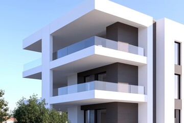 Modern minimalist three-story apartment building with glass balconies under clear blue sky