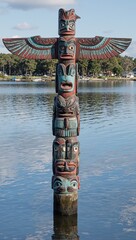 Totem pole with sea creature carvings by tranquil bay