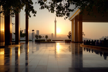 Obraz premium A serene Eid morning scene with a misty mosque courtyard, a few people praying, and a bright sunrise in the background, conveying a sense of peace and tranquility.