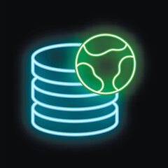 Glowing neon icon of planet earth over database servers is a concept of global network
