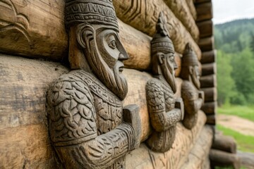 Ancient wooden carvings of bearded warriors on log cabin wall in forest setting