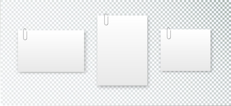 Blank paper sheet in A4 format on transparent background. Notebook page, document with steel paper clip. Vector