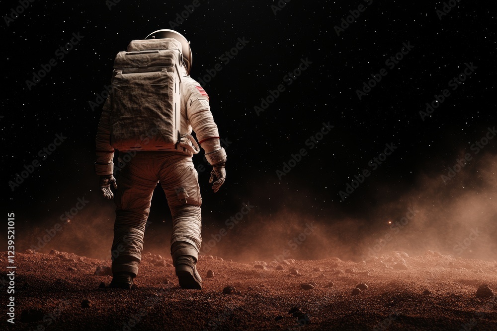 Poster astronaut exploring mars surface under starry sky with dusty terrain