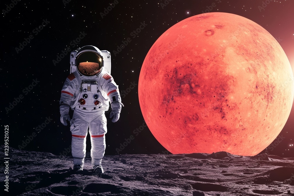 Poster astronaut on lunar surface with red planet in background