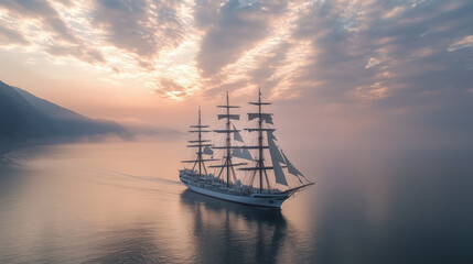 Fototapeta premium Majestic Historic Tall Ship Sailing Through the Calm Ocean, Cutting Through Gentle Waves with Blurred Clouds and a Soft Early Morning Glow in the Background