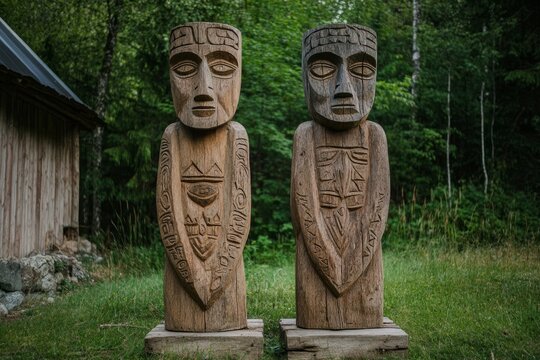 Intricately carved wooden statues in lush forest setting
