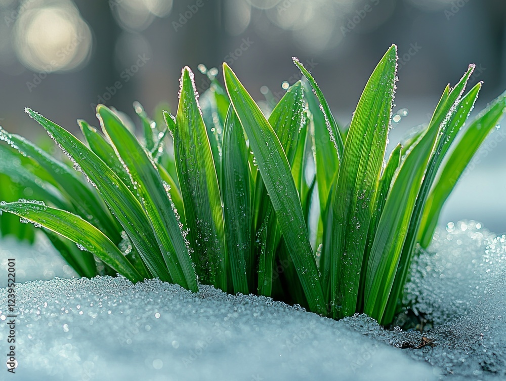 Poster early spring brings stunning view of green grass breaking through last remnants of snow. blades stan