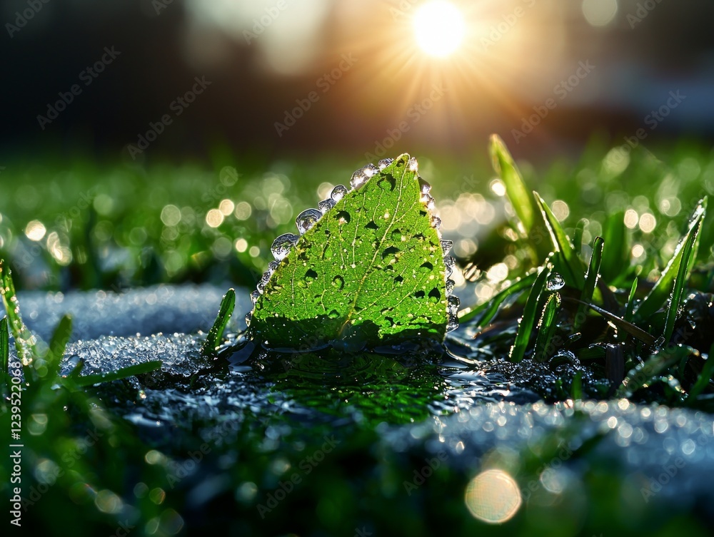 Poster early spring features grass breaking through remaining snow displaying fresh green blades covered in