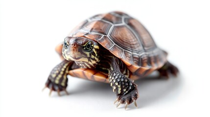 Obraz premium Baby turtle crawling, white background, wildlife pet