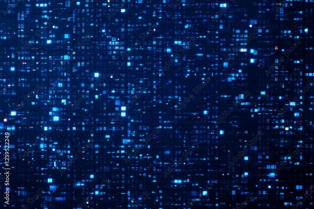Poster glowing blue digital data matrix with dots and lines
