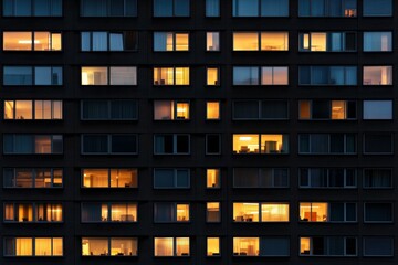 Illuminated apartment windows at night in high-rise building